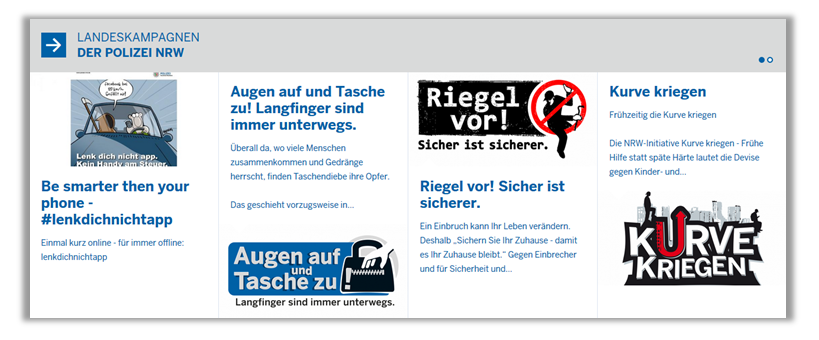 Bildschirmfoto des Bereichs Landes-Kampagnen der Polizei NRW