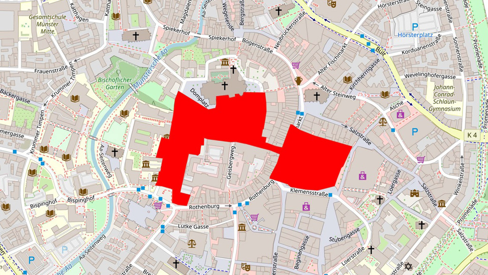Stadtplan von Münster mit den eingezeichneten G7 Sicherheitszonen