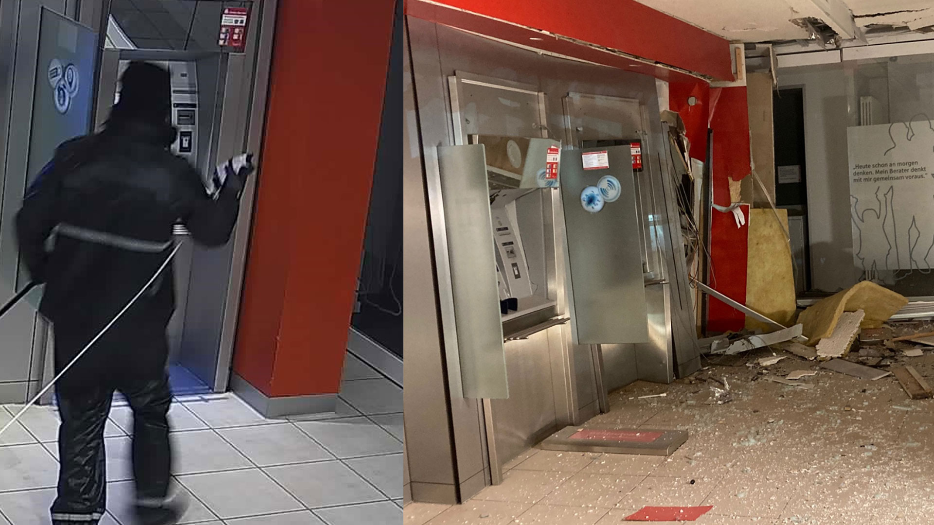 Geldautomatensprenger und gesprengter Gelautomat in Gebäude