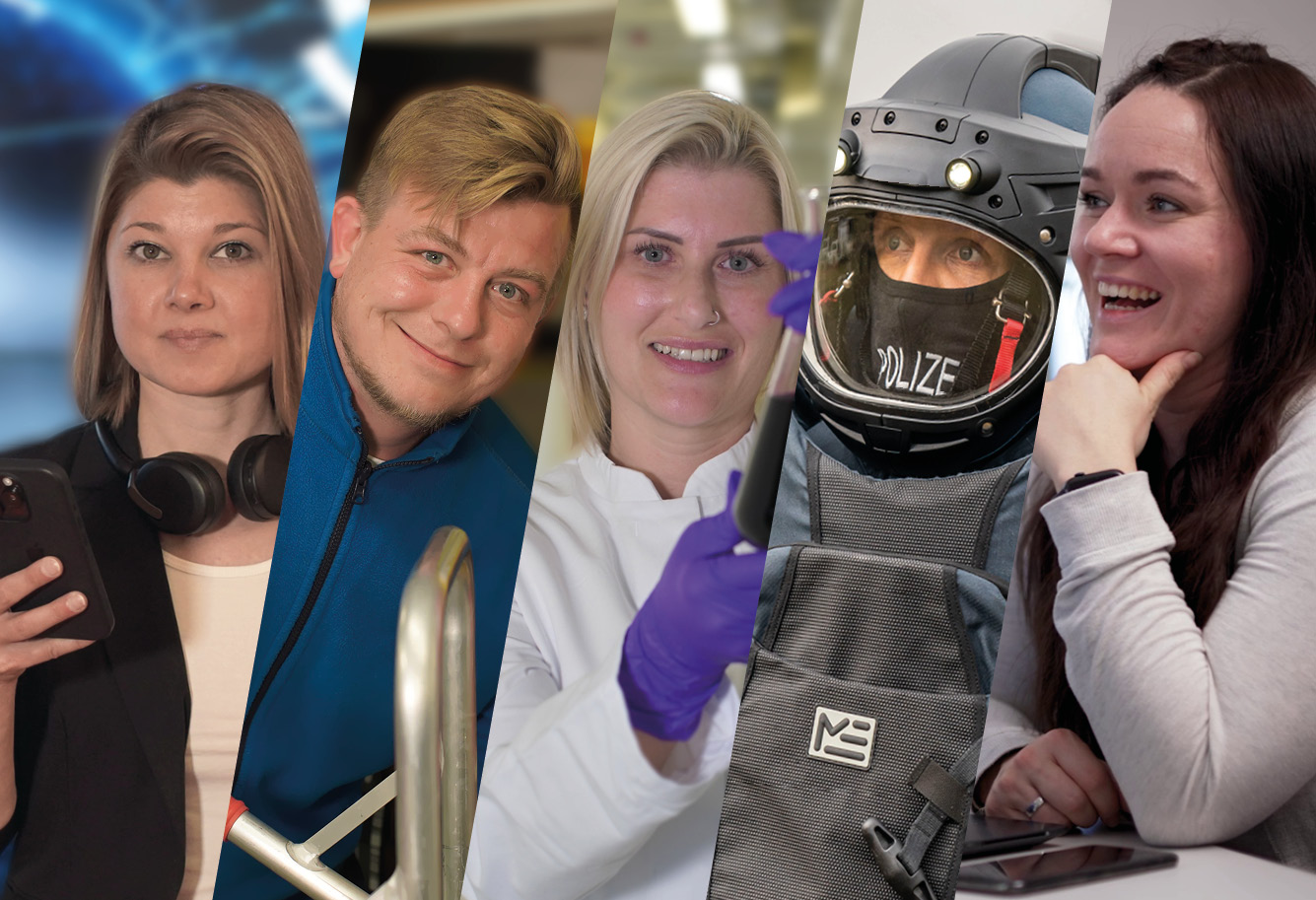 Collage mit 5 Personen Frau, Mann, Frau, Mann, Frau; jeder symbolisiert ein anderes Berufsbild