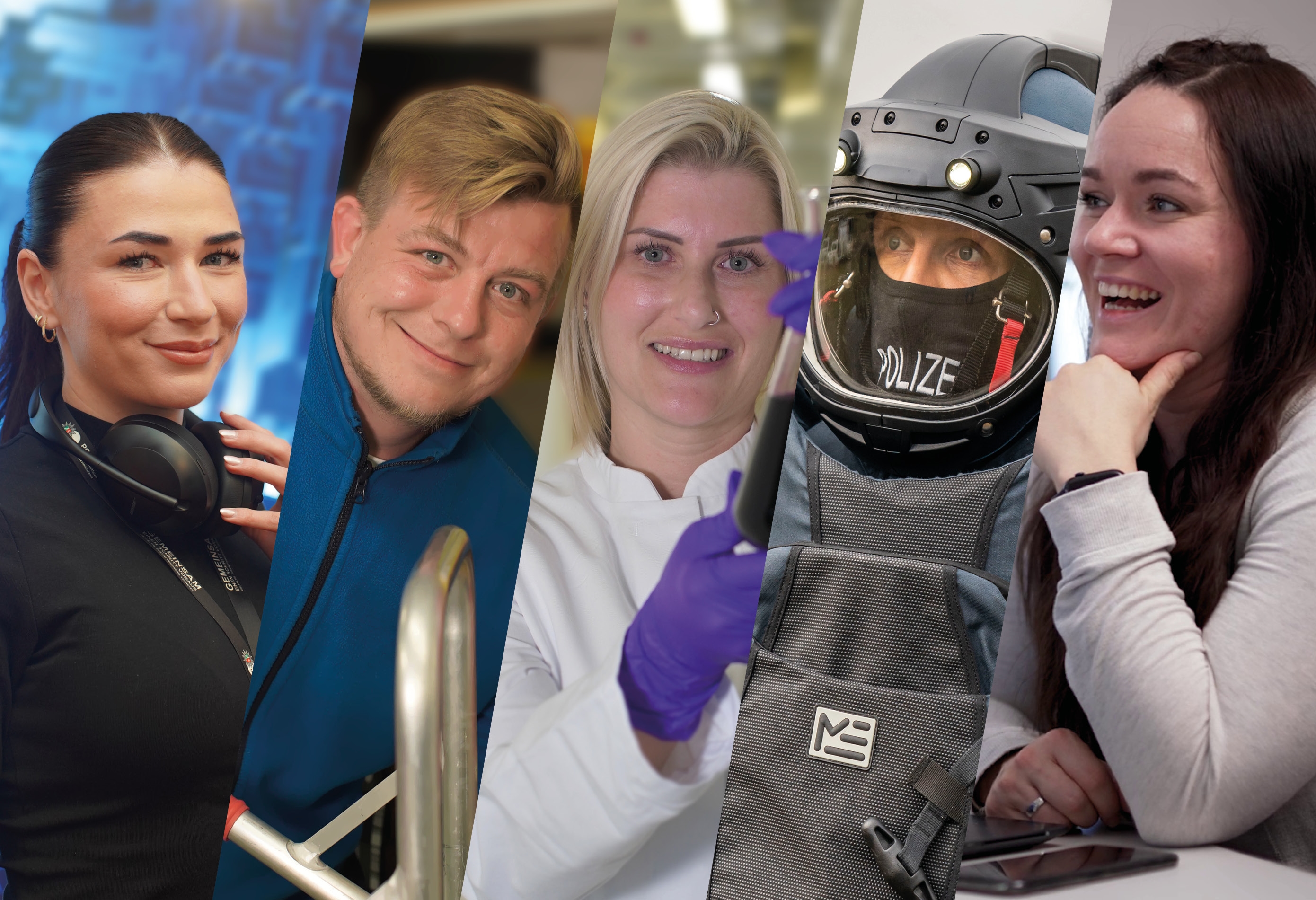 Collage mit 5 Personen Frau, Mann, Frau, Mann, Frau; jeder symbolisiert ein anderes Berufsbild