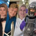 Collage mit 5 Personen Frau, Mann, Frau, Mann, Frau; jeder symbolisiert ein anderes Berufsbild
