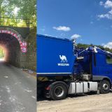Man sieht zwei Bilder: linkes Bild zeigt eine schmale Bahnunterführung mit Beschilderung der maximalen Höhe und Breite, rechtes Bild zeigt eine beschädigte Sattelzugmaschine, die im oberen Fahrzeugbereich massive Beschädigungen aufweist