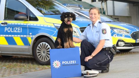 Polizistin kniet neben Opferschutzhund Nilo. Im Hintergrund sieht man Streifenwagen.